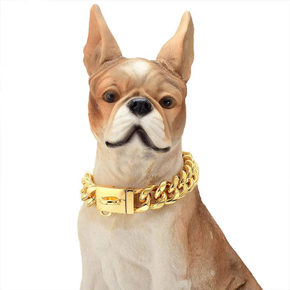 18K Gold Dog Collar Stainless Steel Cuban Link Chain 14mm Wide Metal Pet Necklace for Small Medium Large Dog Collar Product