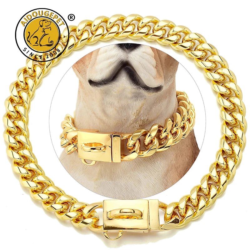 18K Gold Dog Collar Stainless Steel Cuban Link Chain 14mm Wide Metal Pet Necklace for Small Medium Large Dog Collar Product