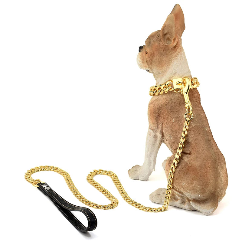 18K Gold Dog Collar Stainless Steel Cuban Link Chain 14mm Wide Metal Pet Necklace for Small Medium Large Dog Collar Product