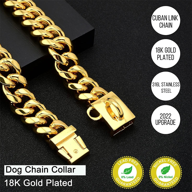 18K Gold Dog Collar Stainless Steel Cuban Link Chain 14mm Wide Metal Pet Necklace for Small Medium Large Dog Collar Product